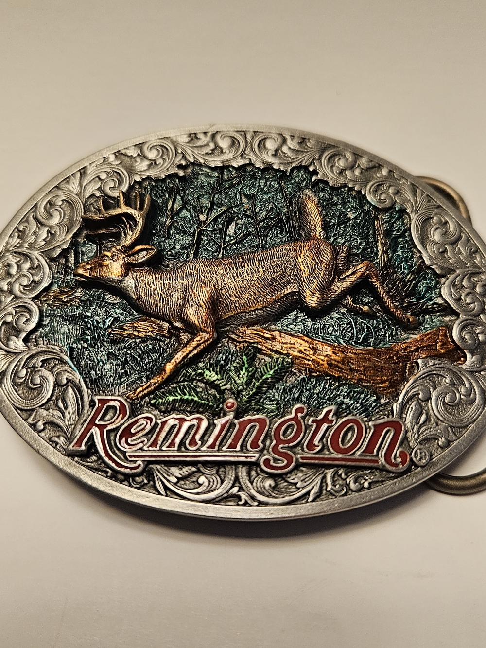 Remington Pewter Belt Buckle with Gold Deer and Red Logo-NEW